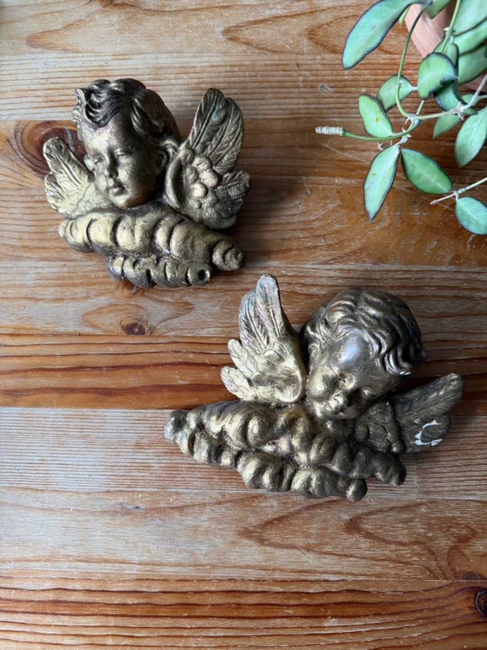 Vintage Pair of Gold Cherub Wall Plaques